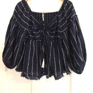 Free People Keyhole Navy and White Striped Blouse